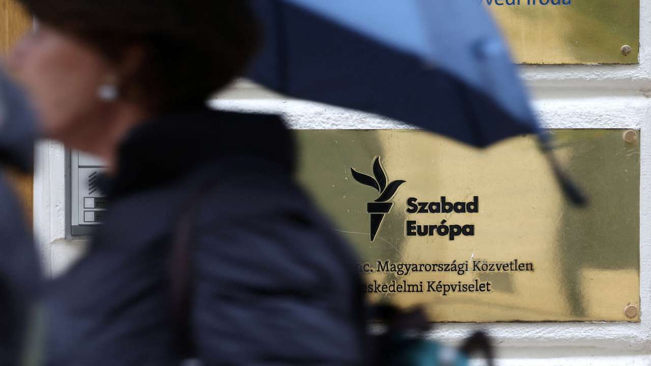 Logo of U.S.-funded Radio Free Europe/Radio Liberty (RFE/RL) in Budapest