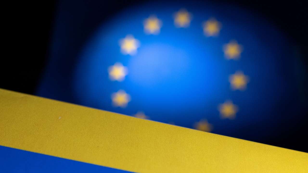 Illustration shows EU and Ukraine flags