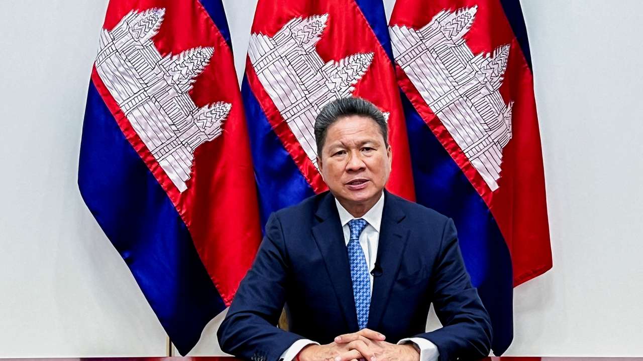 FILE PHOTO: Cambodia's Deputy Prime Minister Sun Chanthol speaks during an interview with Reuters in Phnom Penh