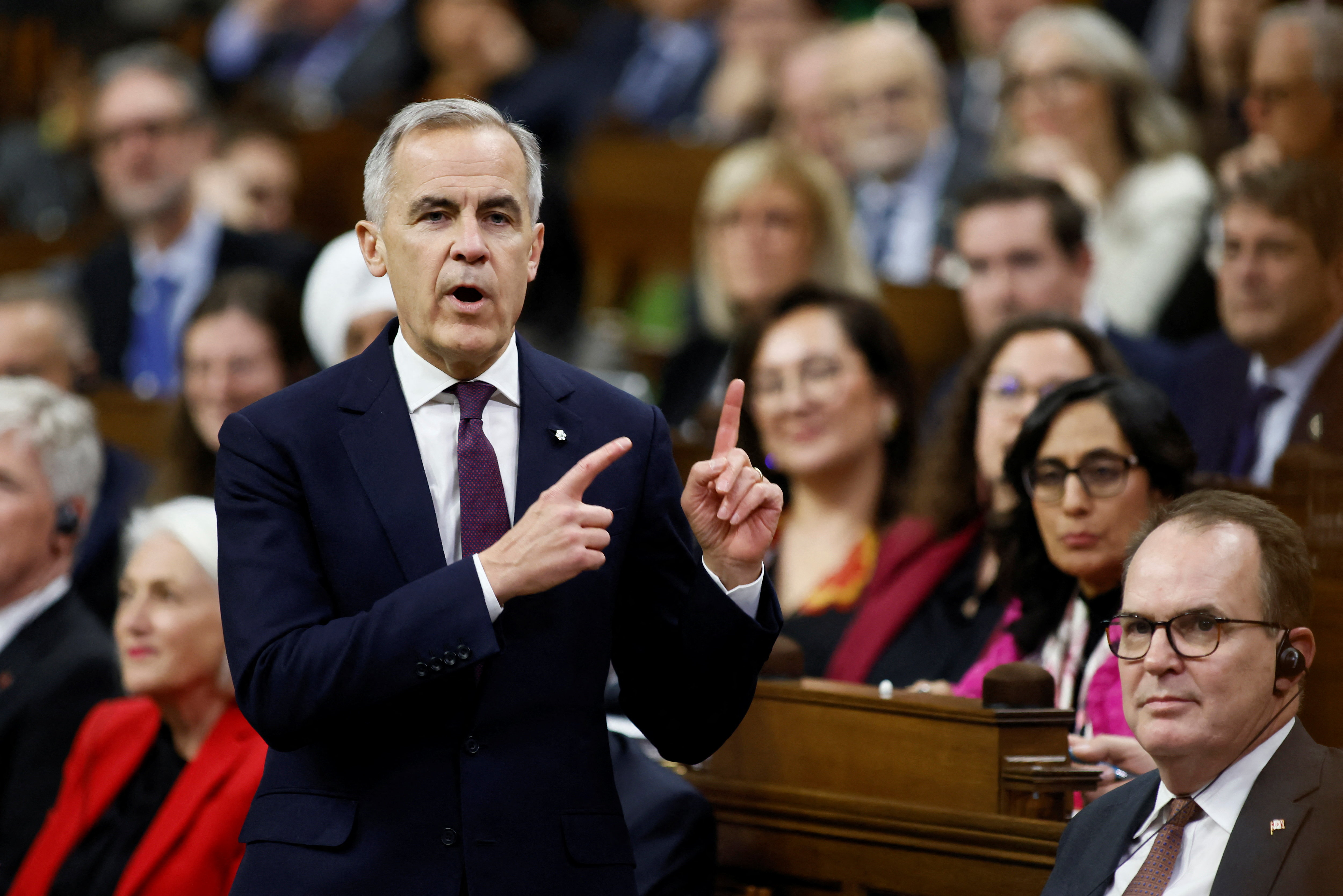 Canada's Prime Minister Mark Carney speaks during Question Period in the House of Commons on Parliament Hill in Ottawa