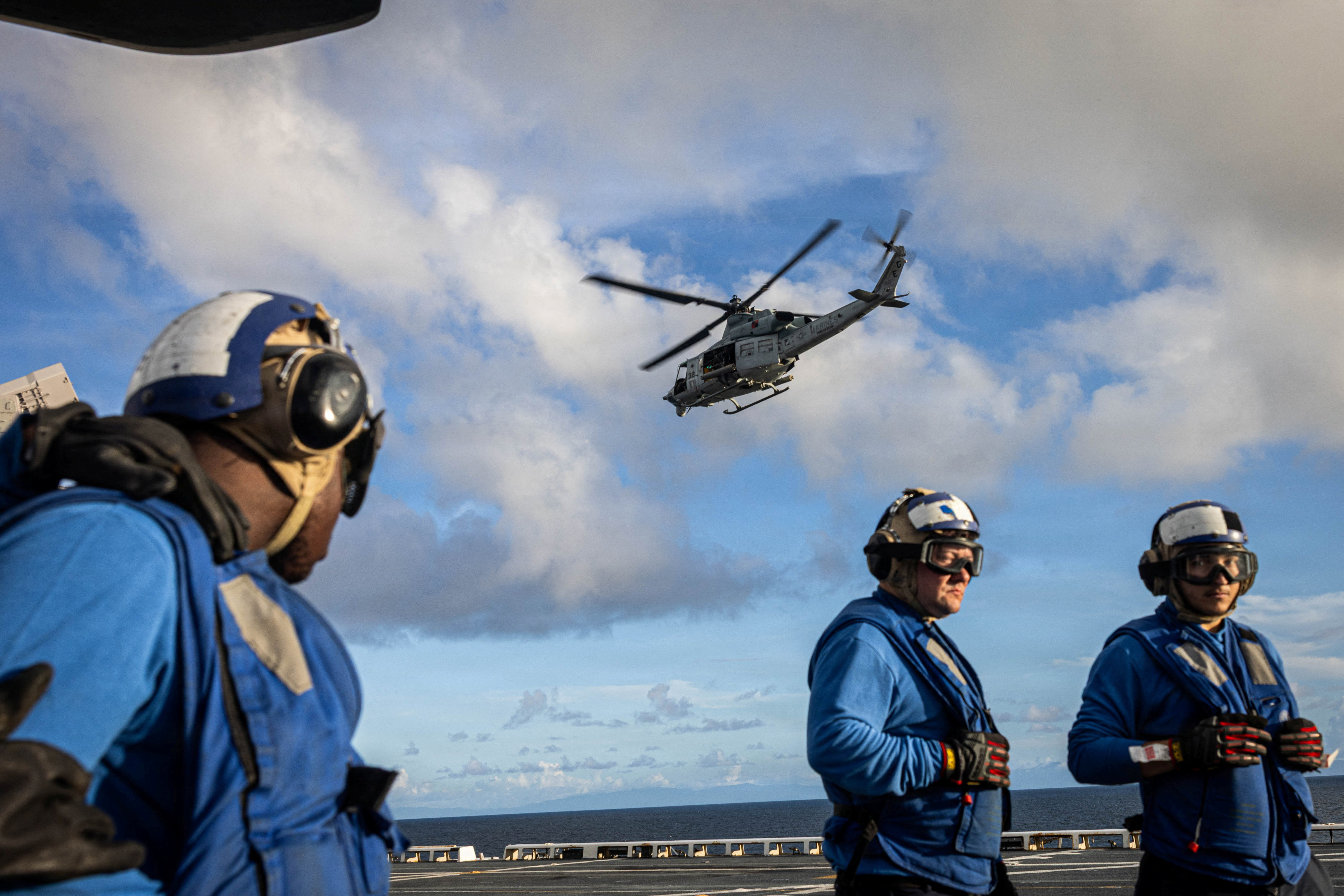 U.S. Marines UH-1Y Venom helicopter takes off in the Caribbean Sea