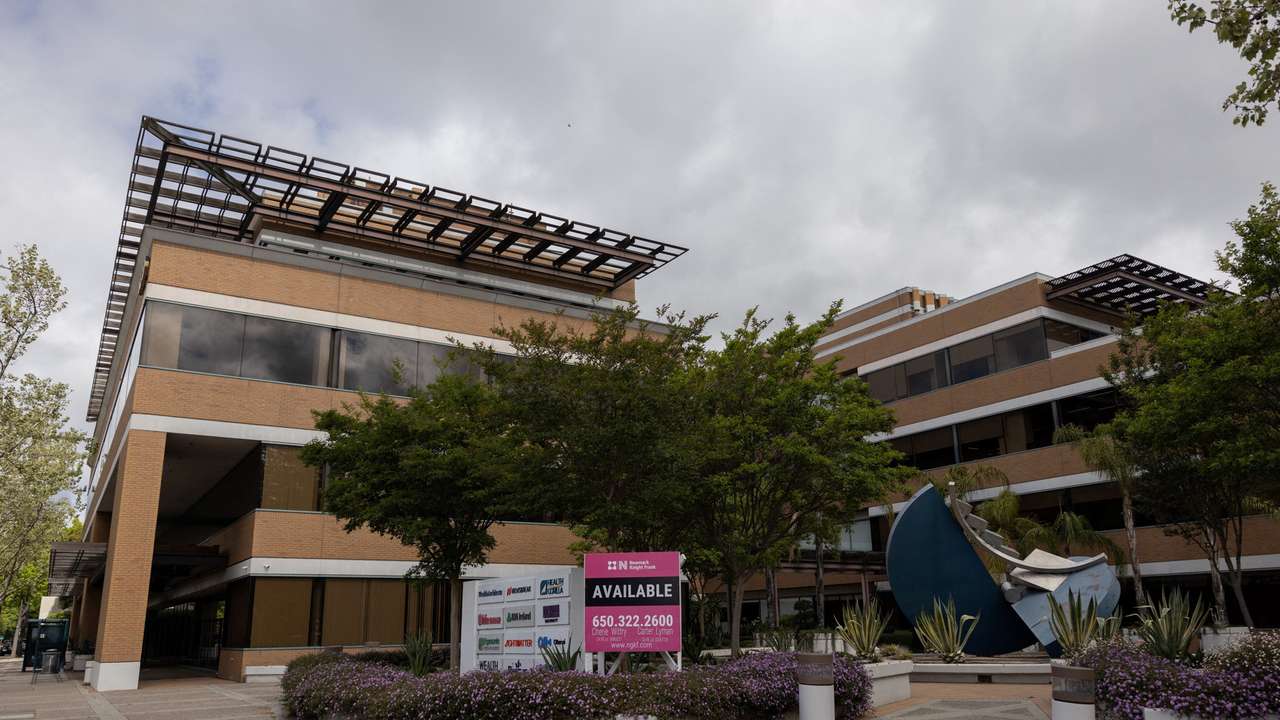 A Newsbreak company logo is displayed at a corporate office building in Mountain View, California