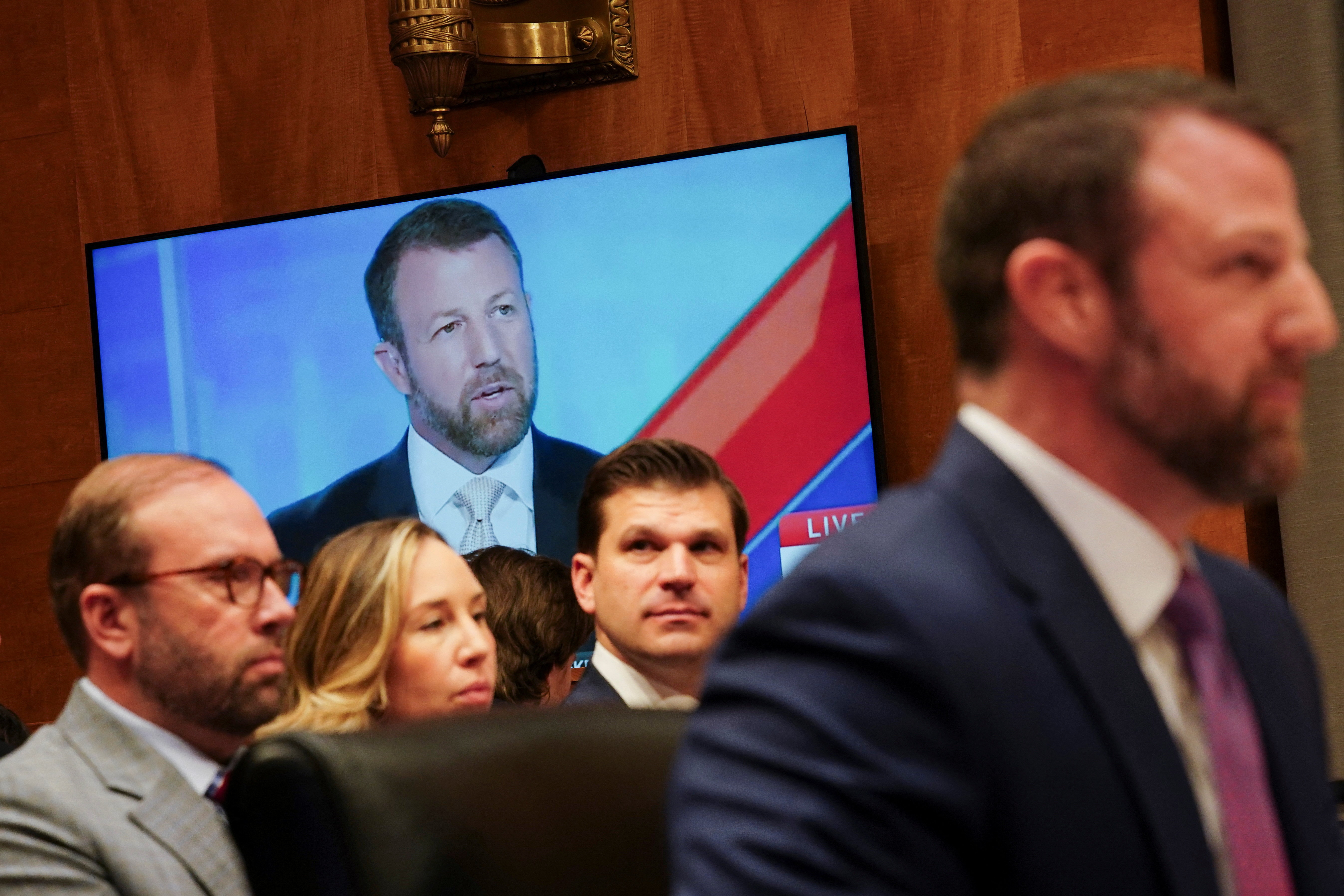 U.S. Senator Markwayne Mullin tesifies before a Senate Homeland Security and Governmental Affairs Committee confirmation hearing, in Washington