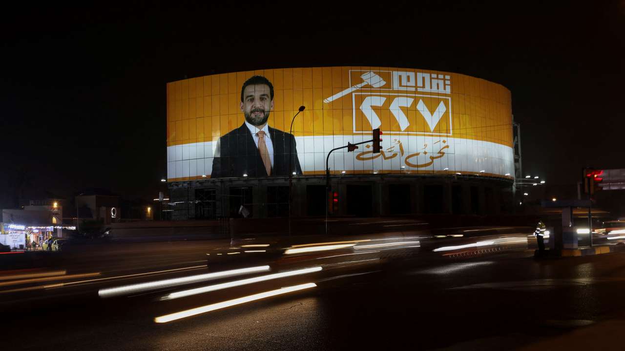 An election poster shows Iraqi speaker of Parliament Mohammed Halbousi, in Baghdad