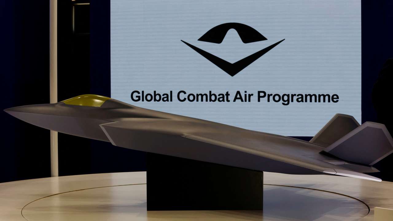 A concept model of the Global Combat Air Programme (GCAP)'s fighter jet is displayed at the DSEI Japan defense show at Makuhari Messe in Chiba