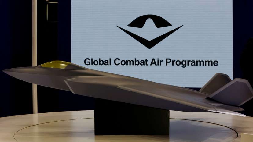 A concept model of the Global Combat Air Programme (GCAP)'s fighter jet is displayed at the DSEI Japan defense show at Makuhari Messe in Chiba