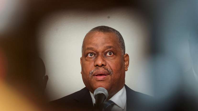 FILE PHOTO: Haitian PM Conille holds press conference at Port-au-Prince airport