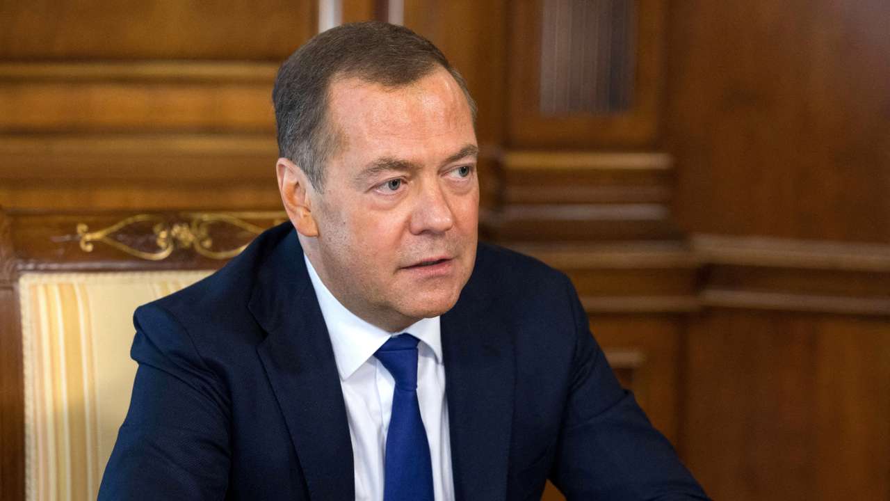 FILE PHOTO: Deputy head of Russia's Security Council Medvedev gives interview outside Moscow