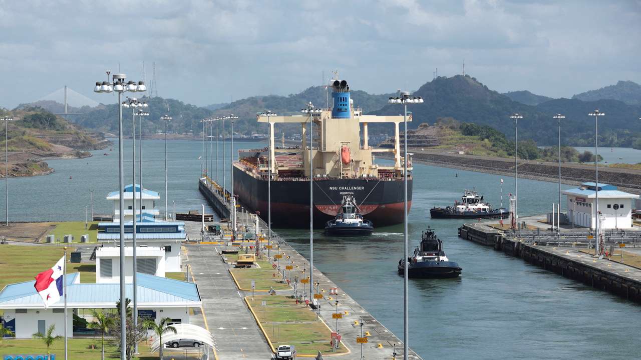 FILE PHOTO: Cargo vessels transit through the Panama Canal, on the outskirts of Panama City
