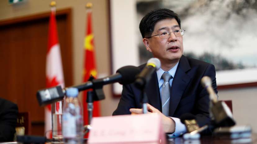 China's new ambassador to Canada Cong Peiwu speaks during a news conference for a small group of reporters at the Chinese Embassy in Ottawa