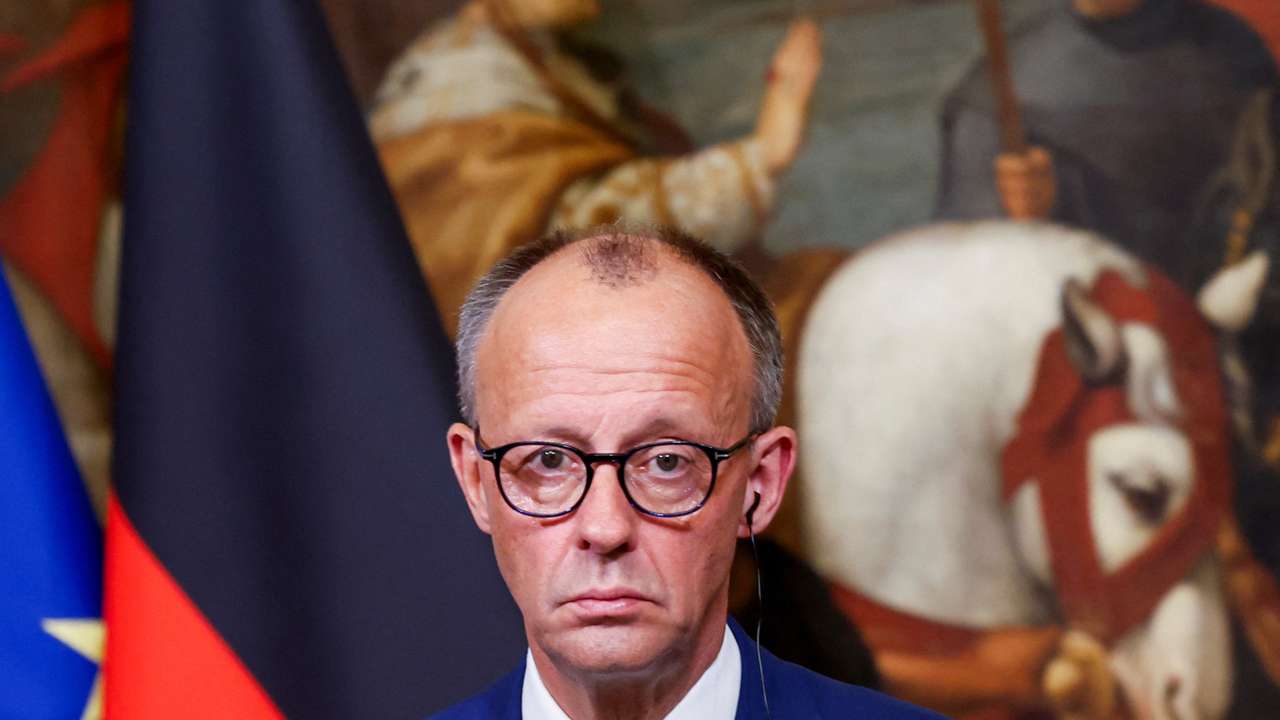 Italian PM Meloni and German Chancellor Merz attend a press conference, in Rome