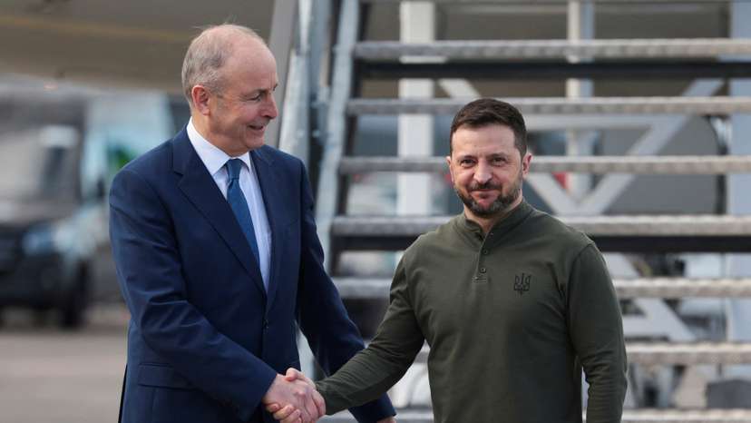 Ireland's Taoiseach (Prime Minister) Micheal Martin greets Ukraine's President Volodymyr Zelenskiy at Shannon airport