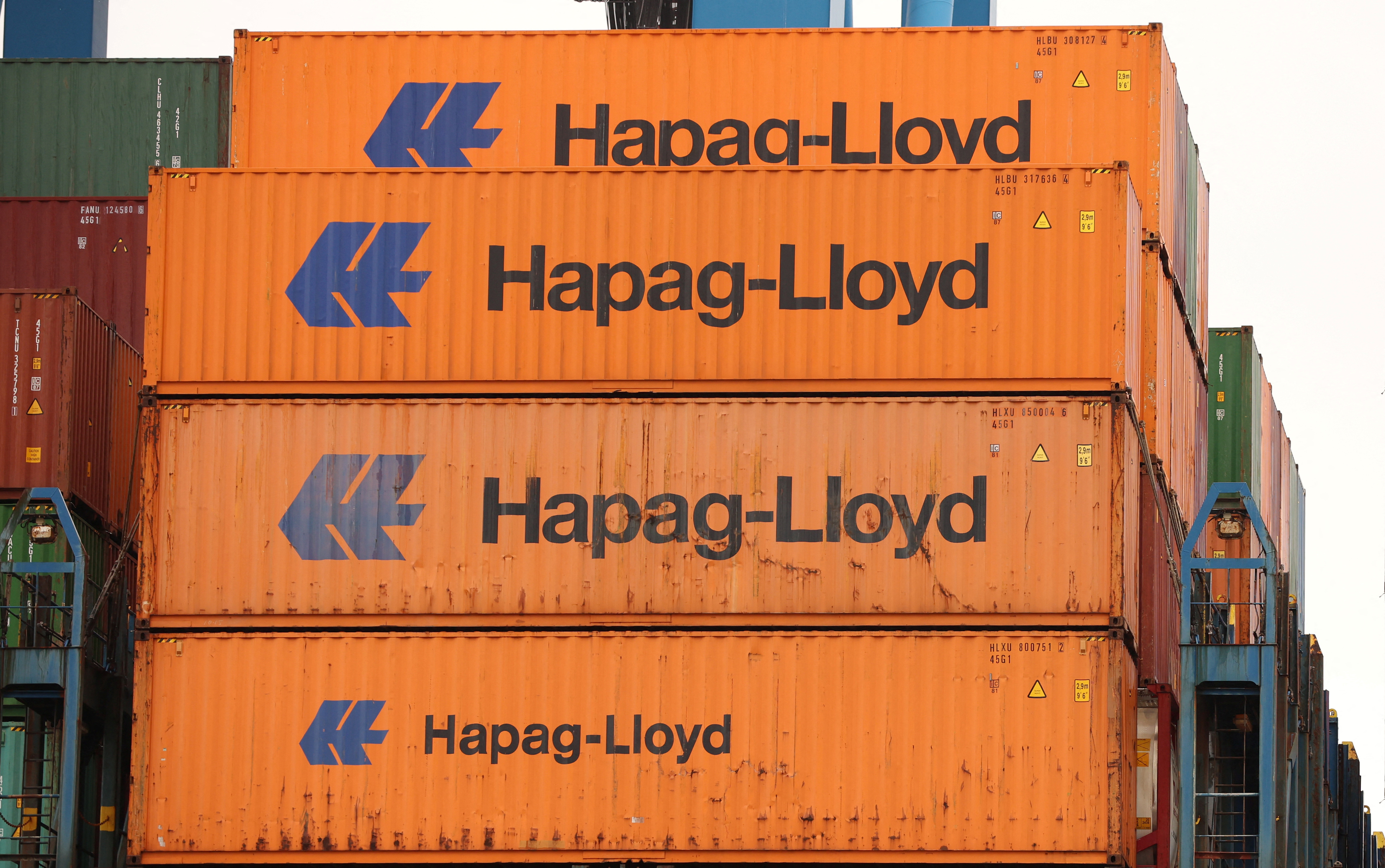 Containers are seen on the Hapag-Lloyd container ship Chacabuco at the HHLA Container Terminal Altenwerder on the River Elbe in Hamburg, Germany