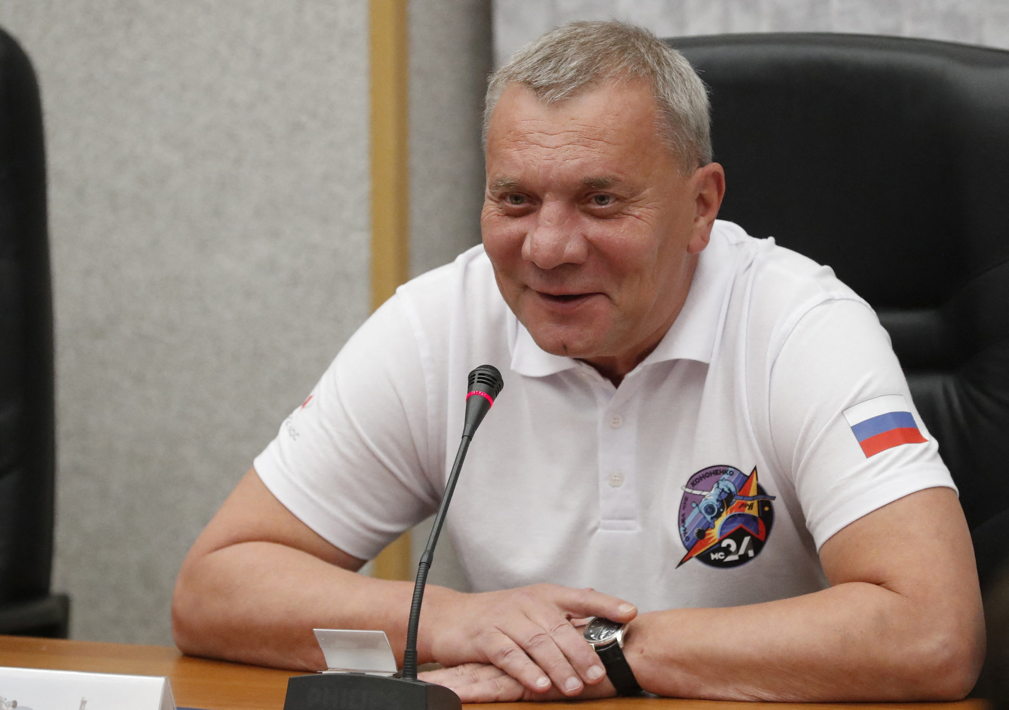 Head of the Roscosmos space corporation Yuri Borisov attends a State Committee meeting ahead of the launch of the Soyuz MS-24 spacecraft to ISS, at the Baikonur cosmodrome
