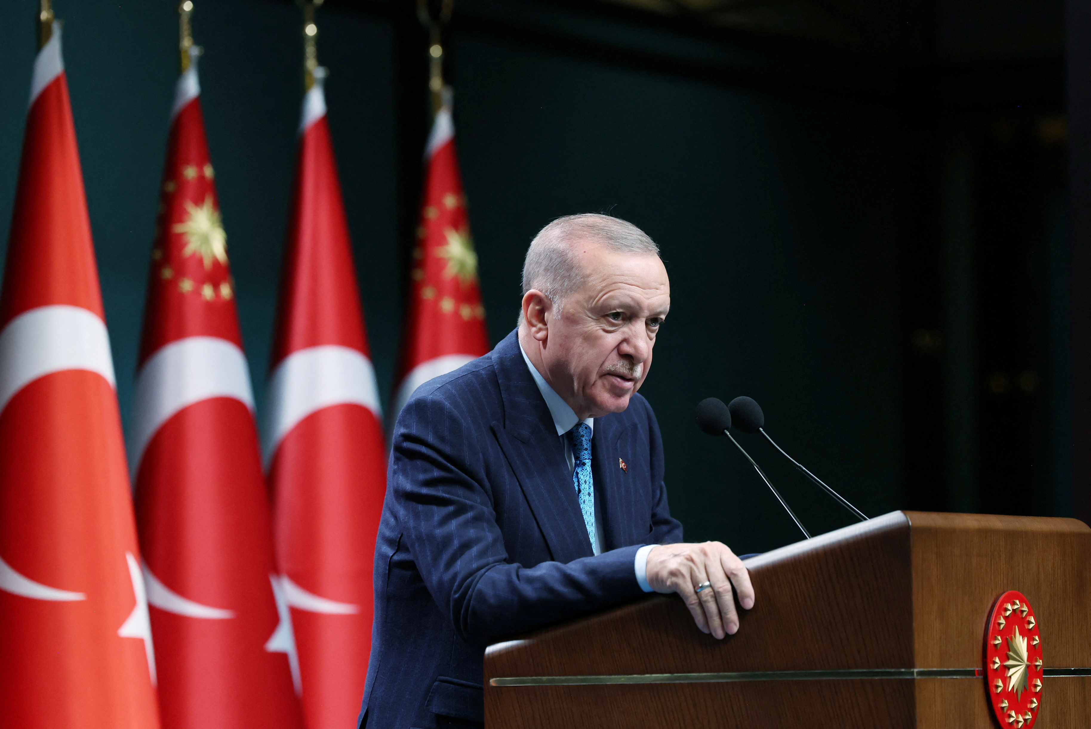 Turkish President Erdogan speaks during a press conference in Ankara