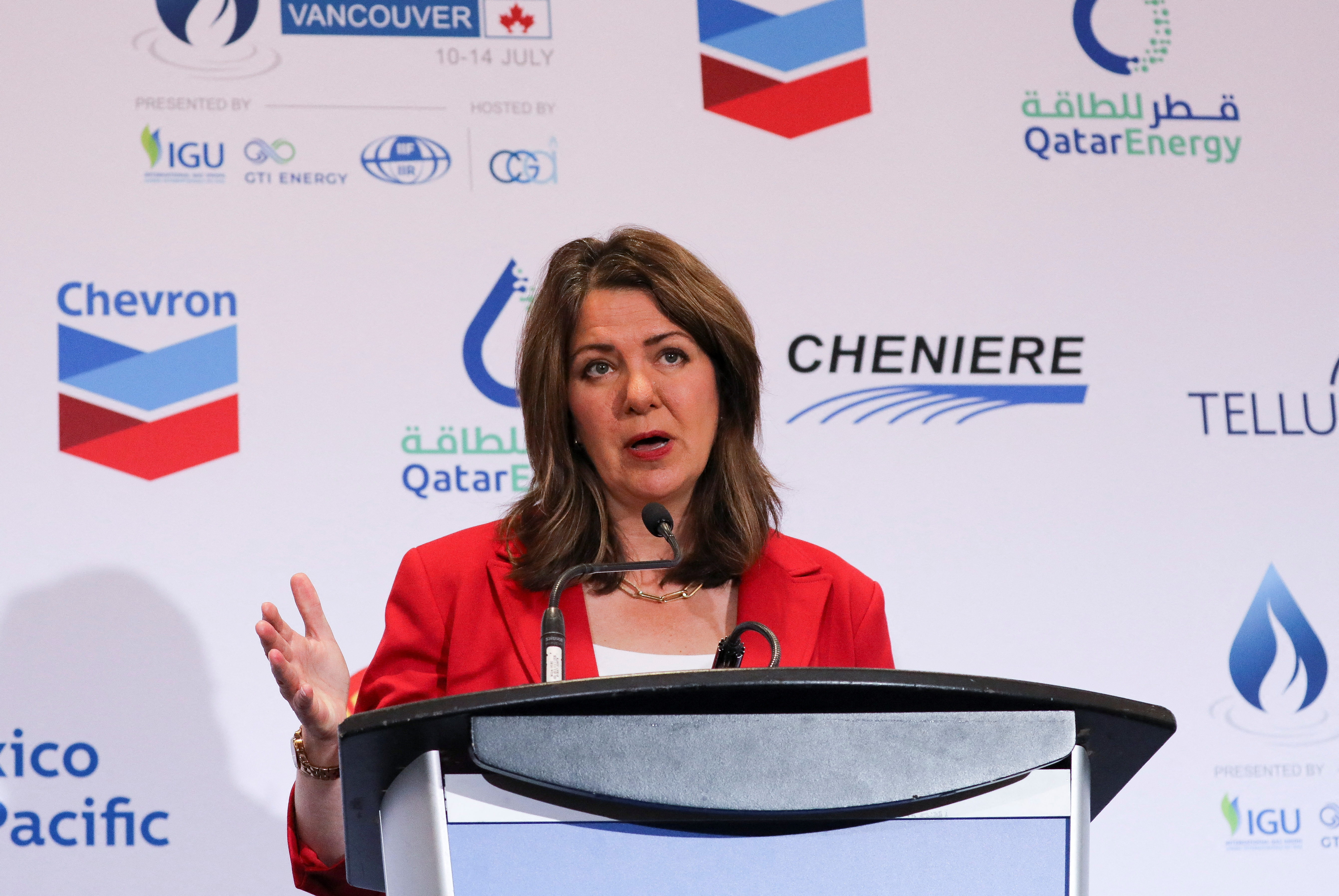 Alberta's Premier Danielle Smith speaks during a press conference at the LNG 2023 energy conference in Vancouver