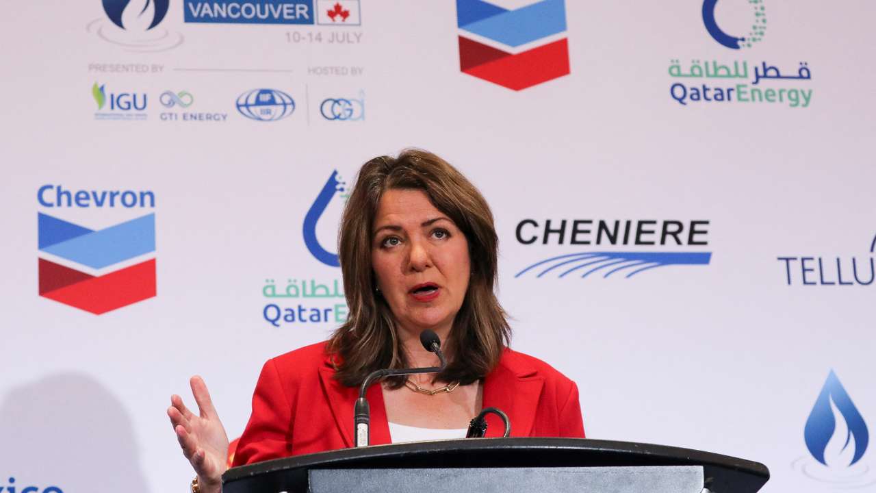 Alberta's Premier Danielle Smith speaks during a press conference at the LNG 2023 energy conference in Vancouver