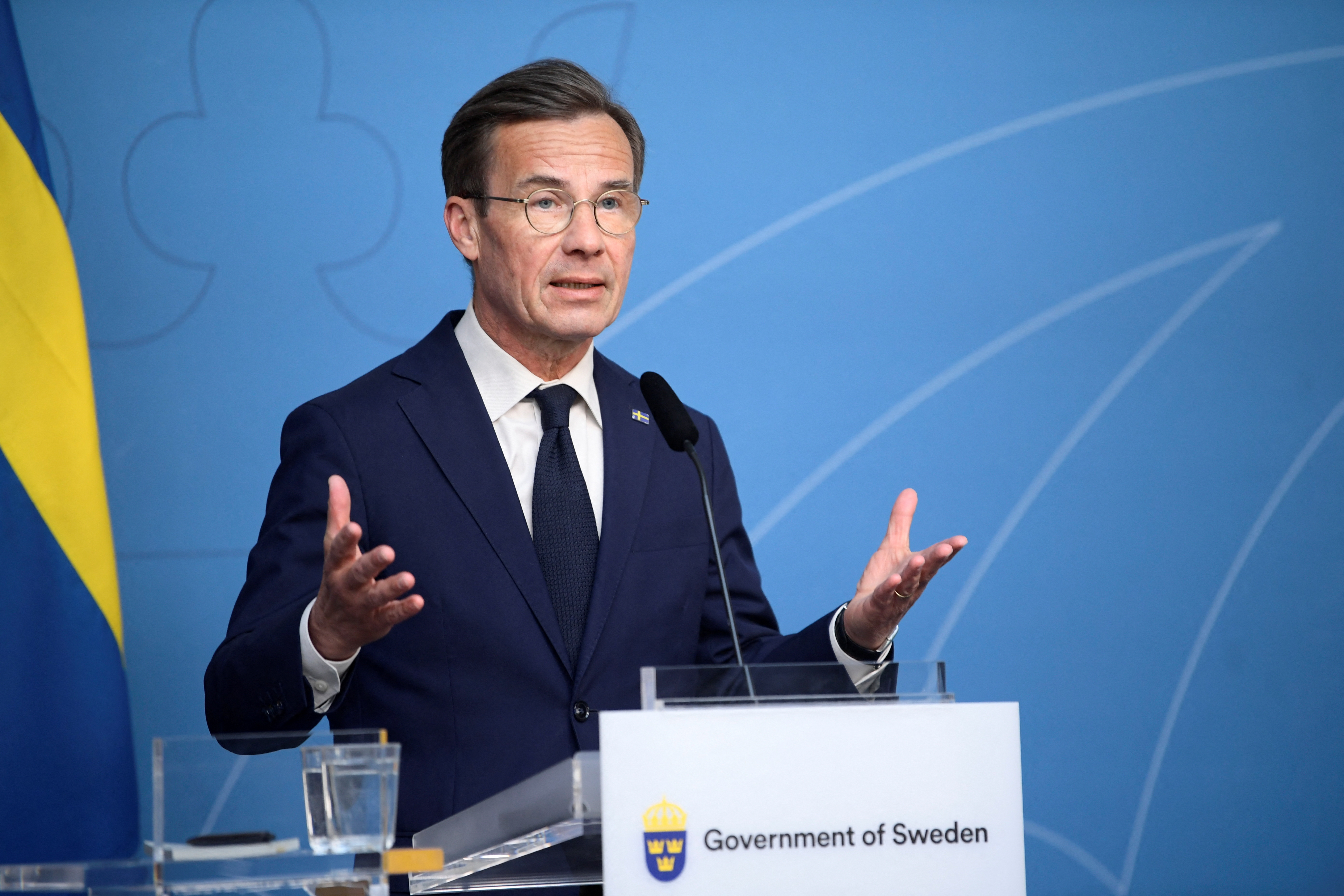 Sweden's Prime Minister Ulf Kristersson at a press conference at Norrsken Foundation innovation centre in Stockholm