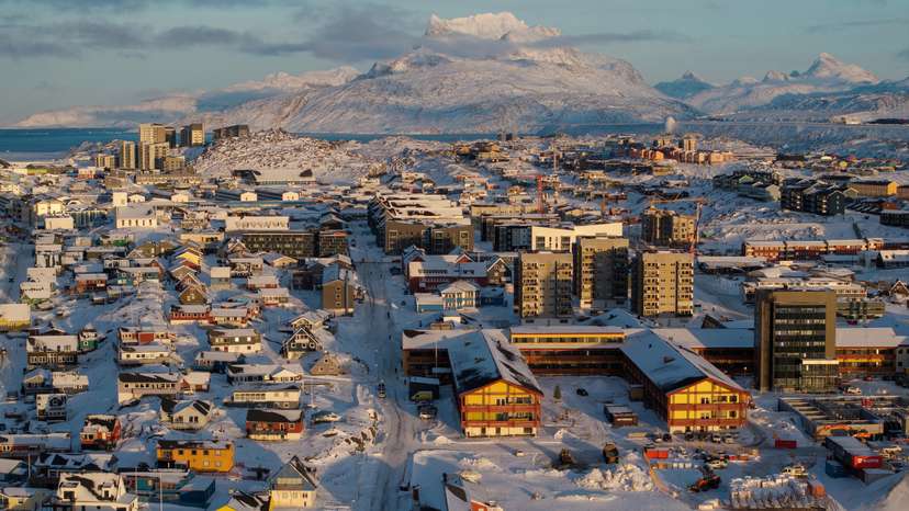 A drone view shows a general view of Nuuk