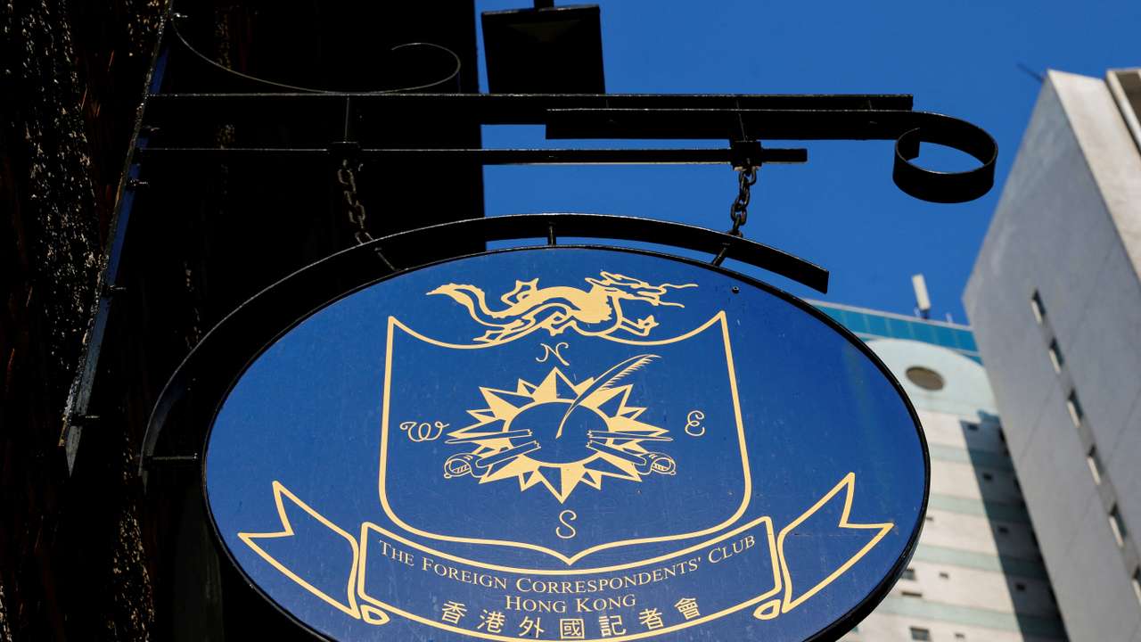 The logo of Foreign Correspondents' Club (FCC) is seen outside its building in Hong Kong