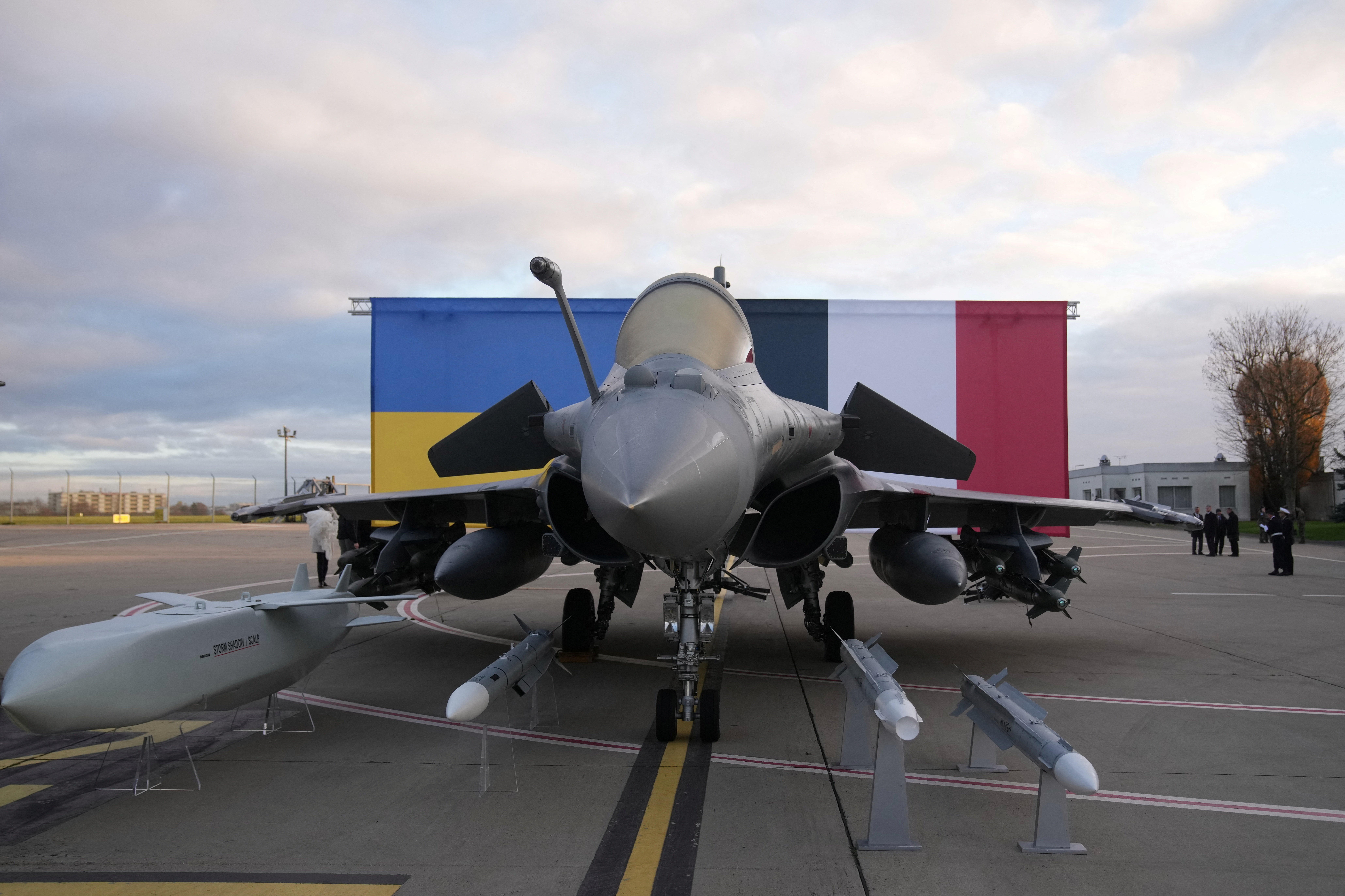 A Rafale jet fighter on the tarmac before the arrival of Ukrainian President Volodymyr Zelenskiy, at Villacoublay Air Base near Paris