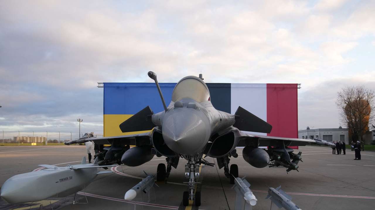 A Rafale jet fighter on the tarmac before the arrival of Ukrainian President Volodymyr Zelenskiy, at Villacoublay Air Base near Paris