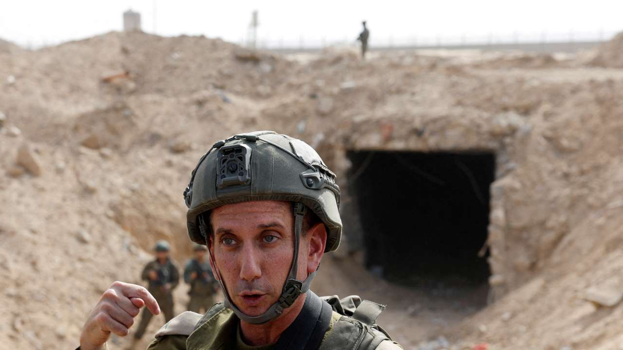 FILE PHOTO: IDF spokesperson Daniel Hagari speaks at the entrance to a tunnel leading to Egypt, in the Philadelphi Corridor area in southern Gaza