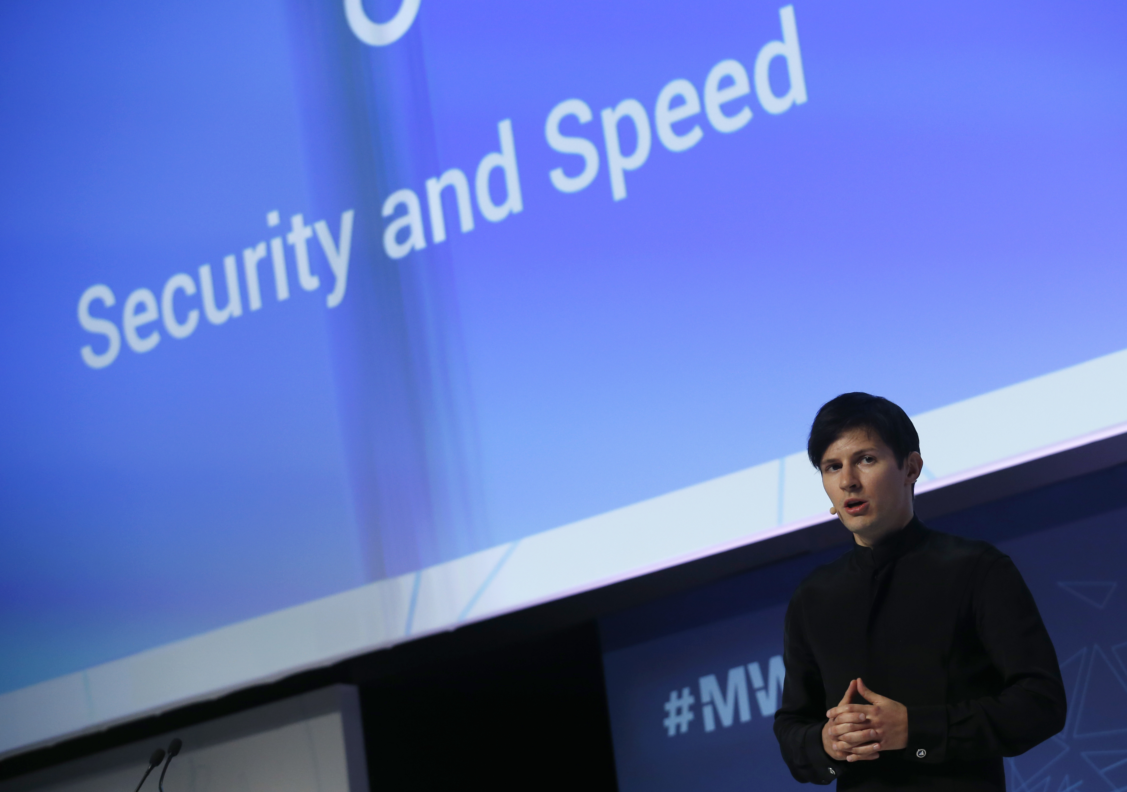Founder and CEO of Telegram Pavel Durov delivers a keynote speech during the Mobile World Congress in Barcelona