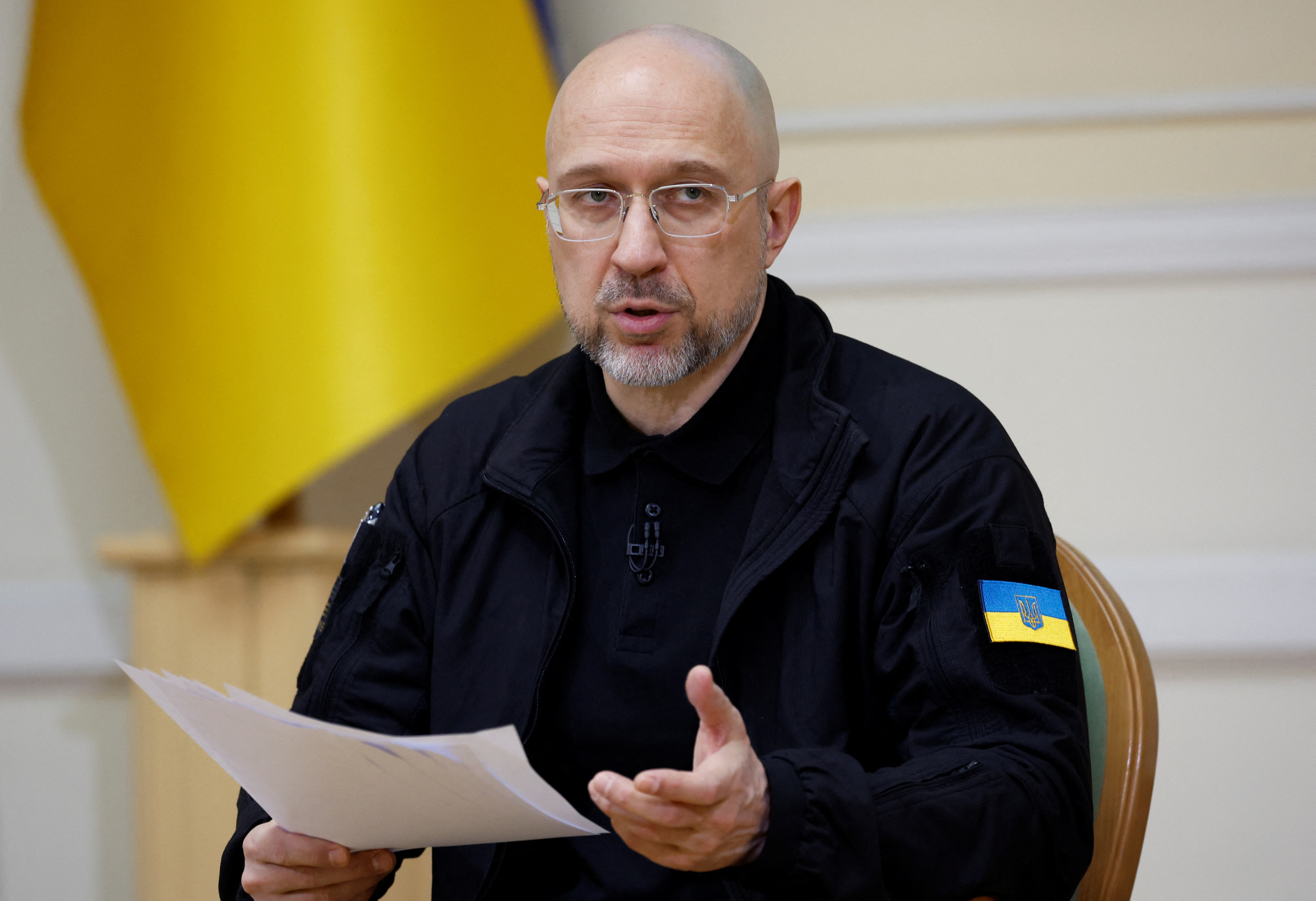 Ukraine's Prime Minister Denys Shmyhal holds a press conference in Kyiv