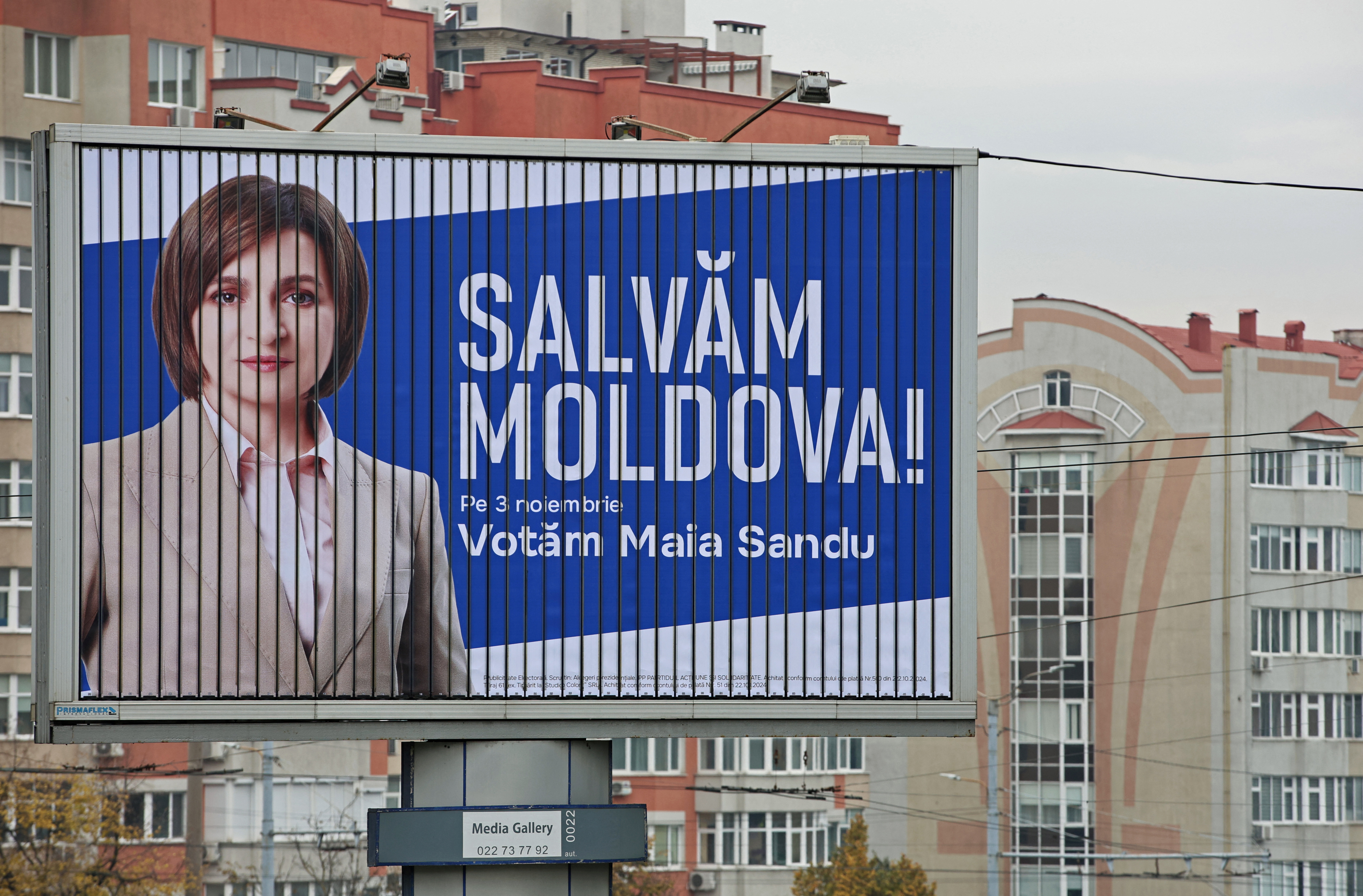 A view shows an election banner of Moldova's incumbent President and presidential candidate Maia Sandu in Chisinau