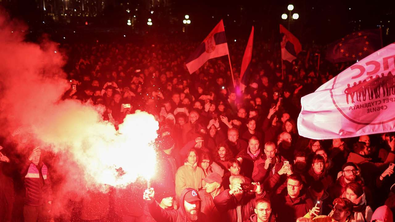 Supporters of the opposition SPN coalition protest in Belgrade