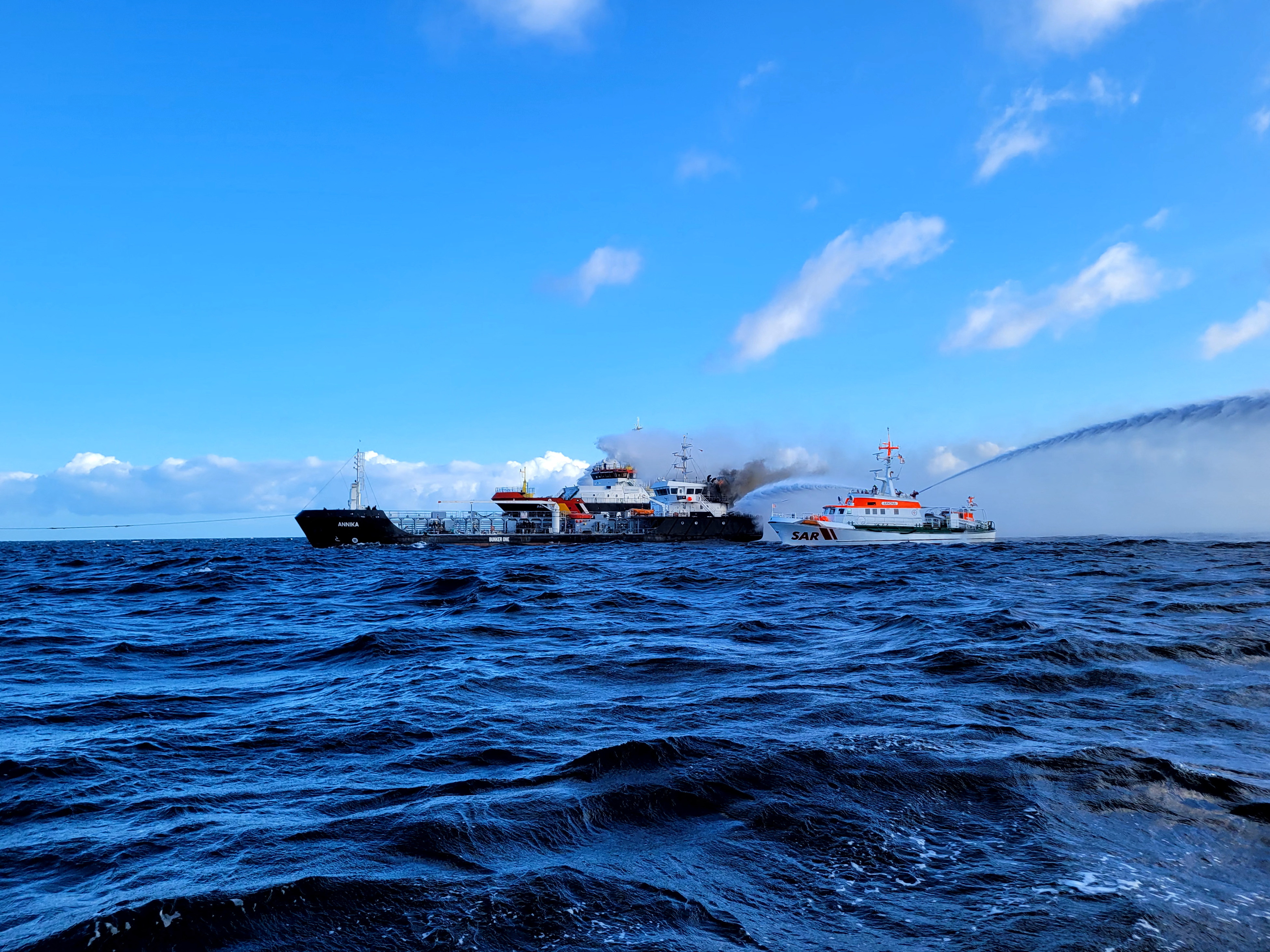 An oil tanker caught fire off the Baltic Sea coast near Kuehlungsborn