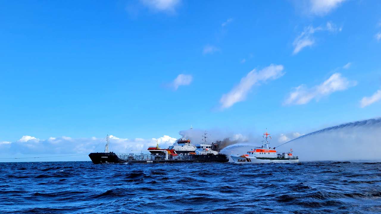 An oil tanker caught fire off the Baltic Sea coast near Kuehlungsborn
