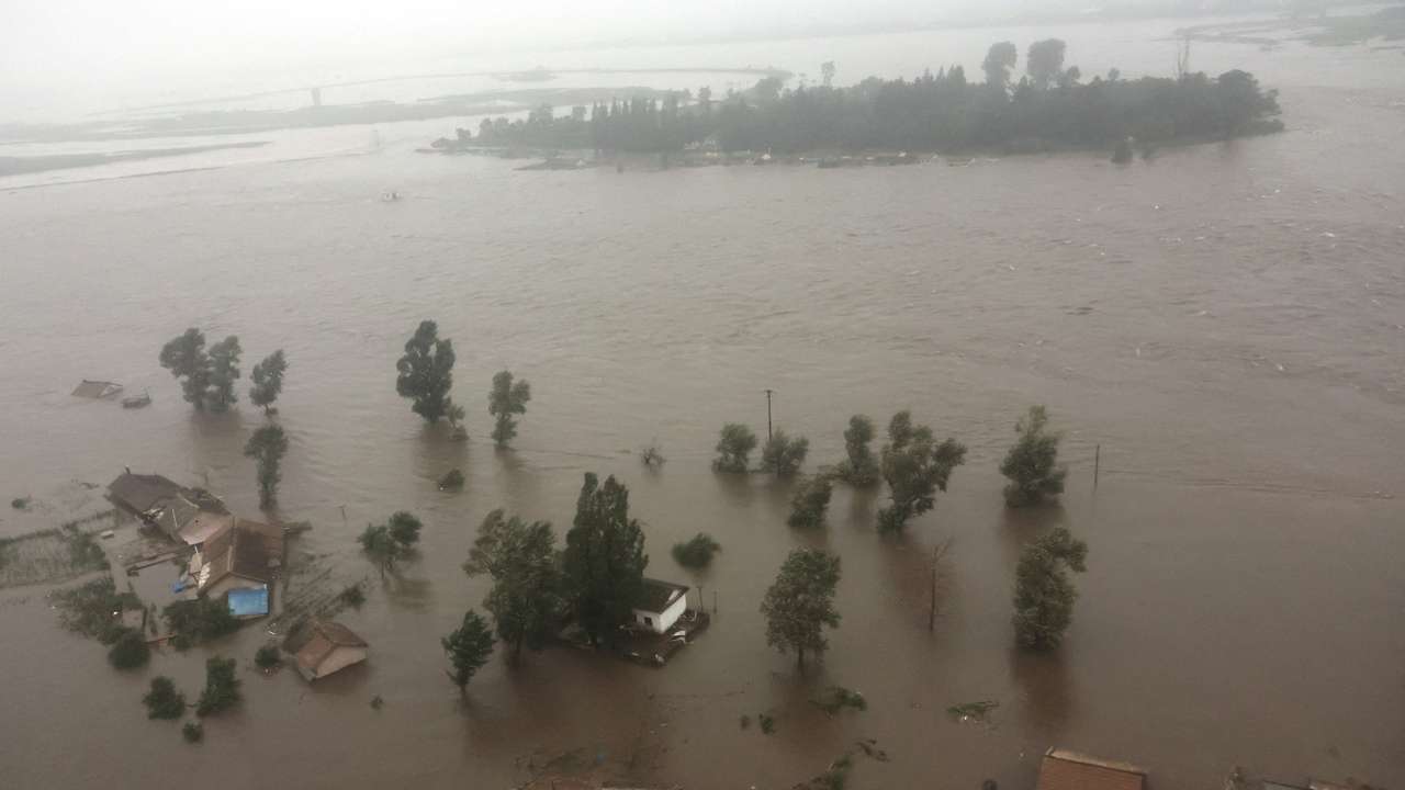FILE PHOTO: A view of a flooded area near the country's border with China, which has been hit by heavy rainfall from Tropical Storm Gaemi, in North Pyongan Province