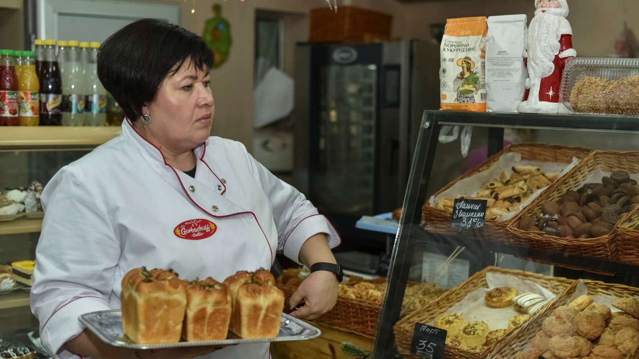 Hanna Horbachova works inside her bakery in Dnipro