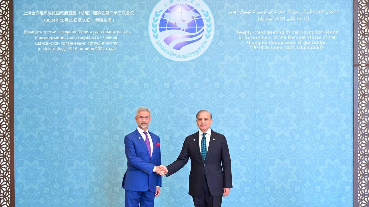 Prime Minister Muhammad Shehbaz Sharif and Indian Foreign Minister Subrahmanyam Jaishankar, at the venue of the 23rd SCO in Islamabad