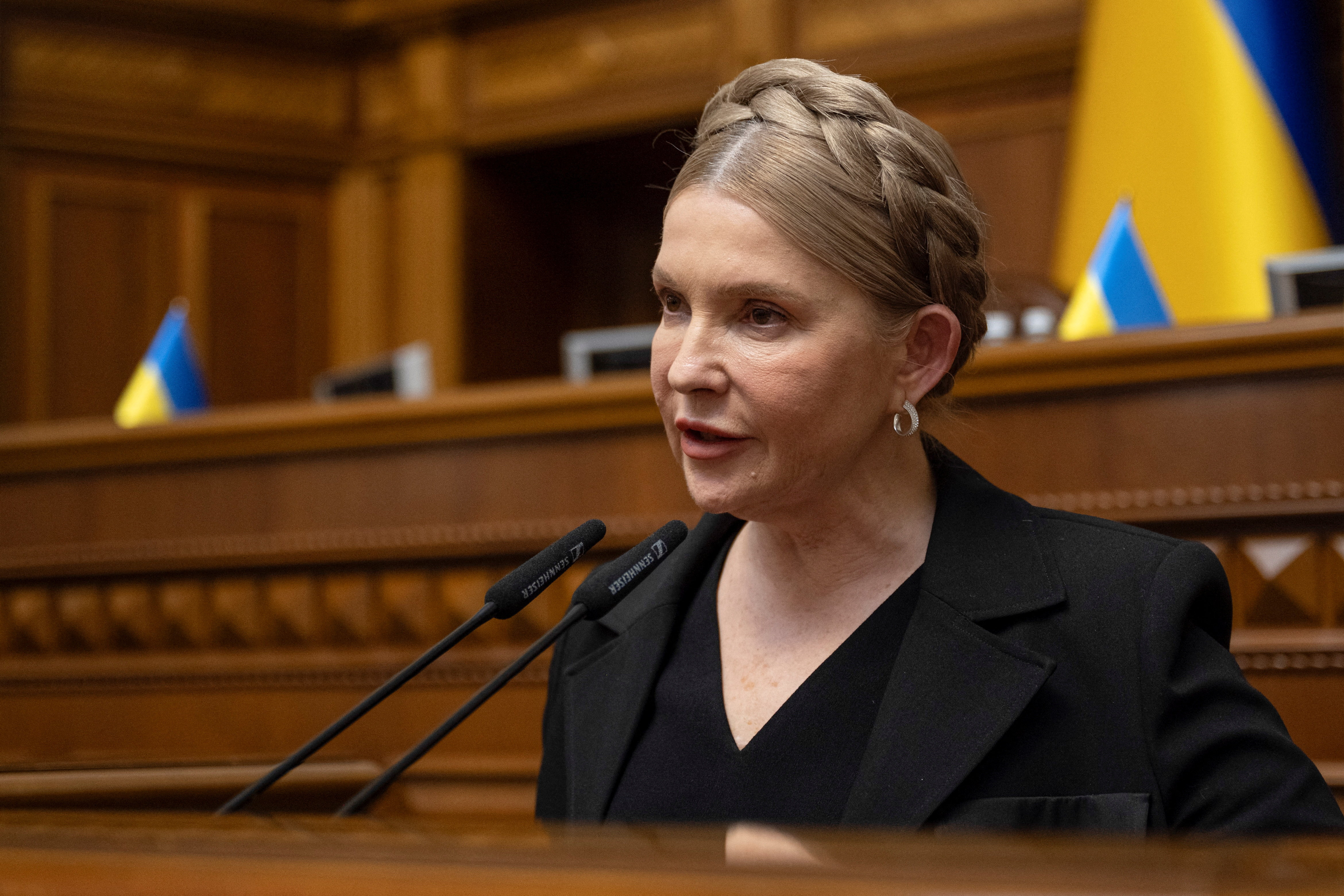 Ukrainian lawmaker Tymoshenko addresses colleagues during a session of a parliament in Kyiv