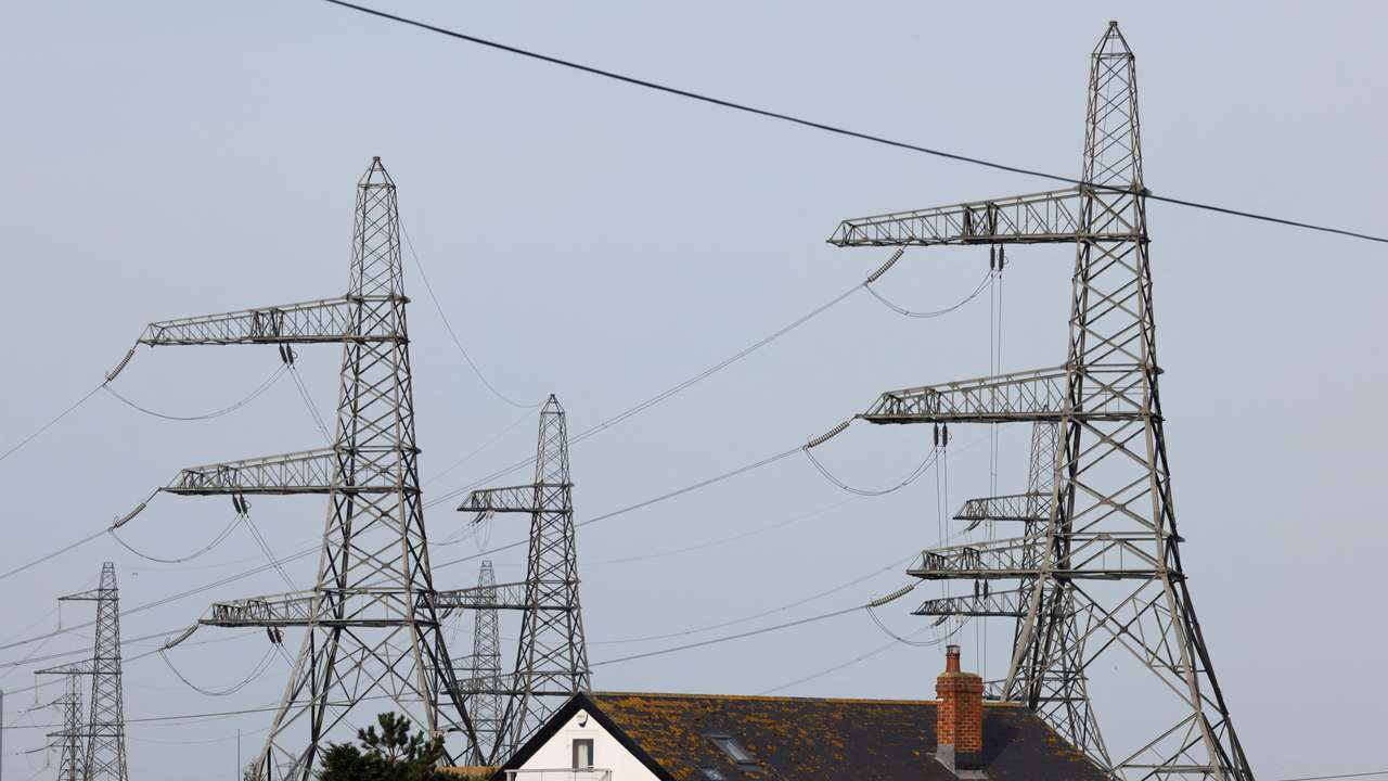 FILE PHOTO: Electricity pylons are seen behind a local house in Dungeness