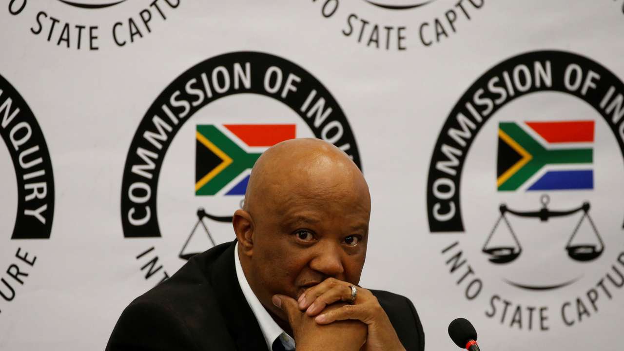 Former Deputy Finance Minister Mcebisi Jonas gestures ahead of the Judicial Commission of Inquiry probing state capture in Johannesburg