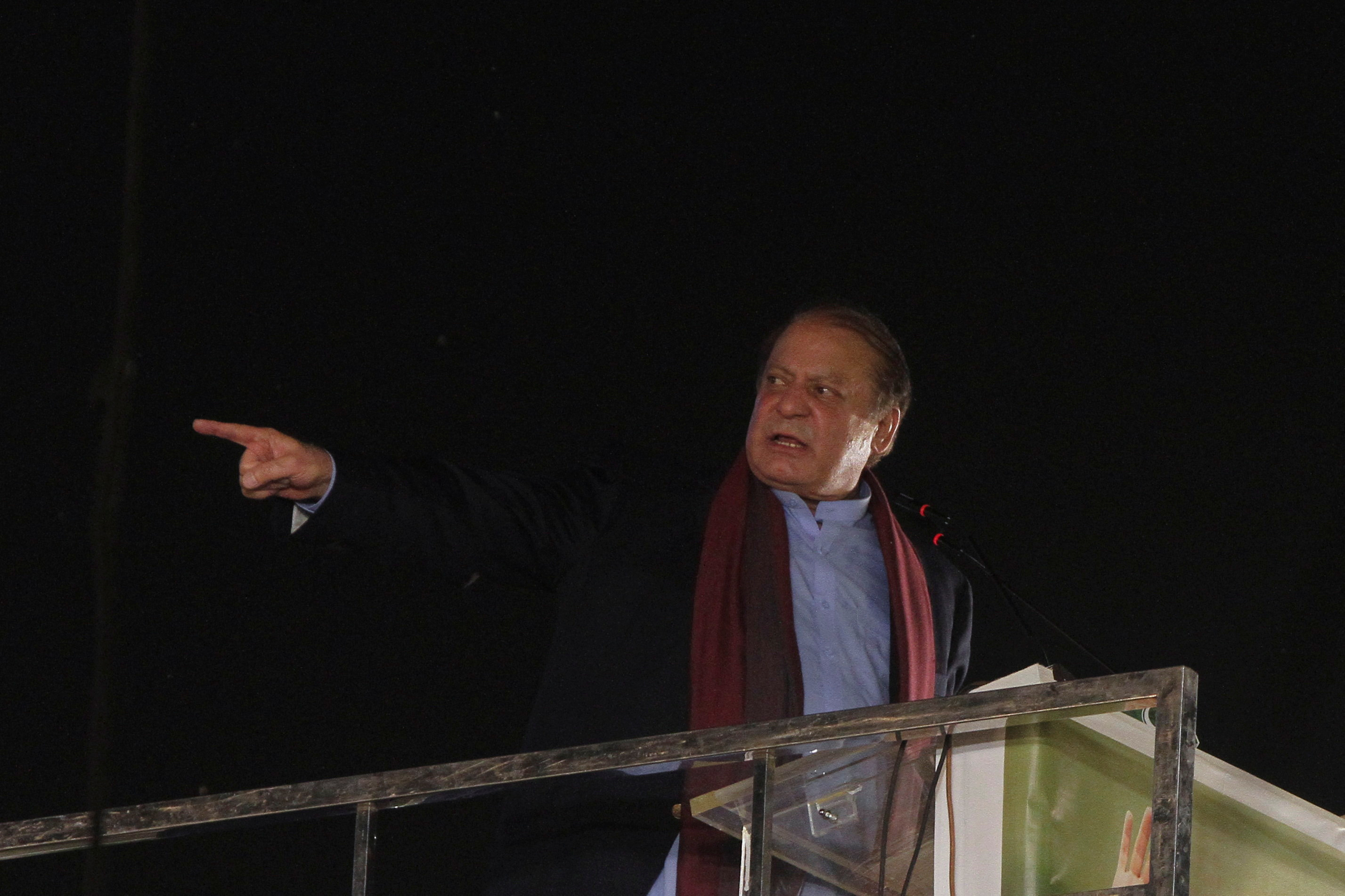 Pakistan's former Prime Minister Sharif addresses supporters upon his arrival in Lahore