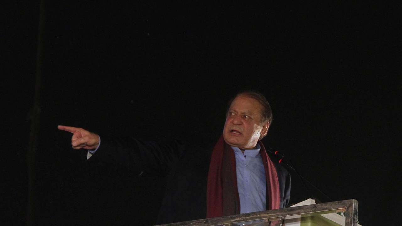 Pakistan's former Prime Minister Sharif addresses supporters upon his arrival in Lahore