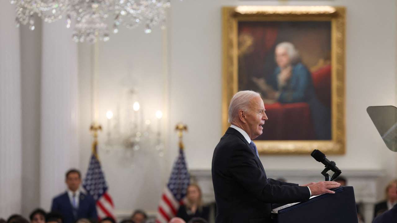 U.S. President Joe Biden delivers a speech at the State Department in Washington