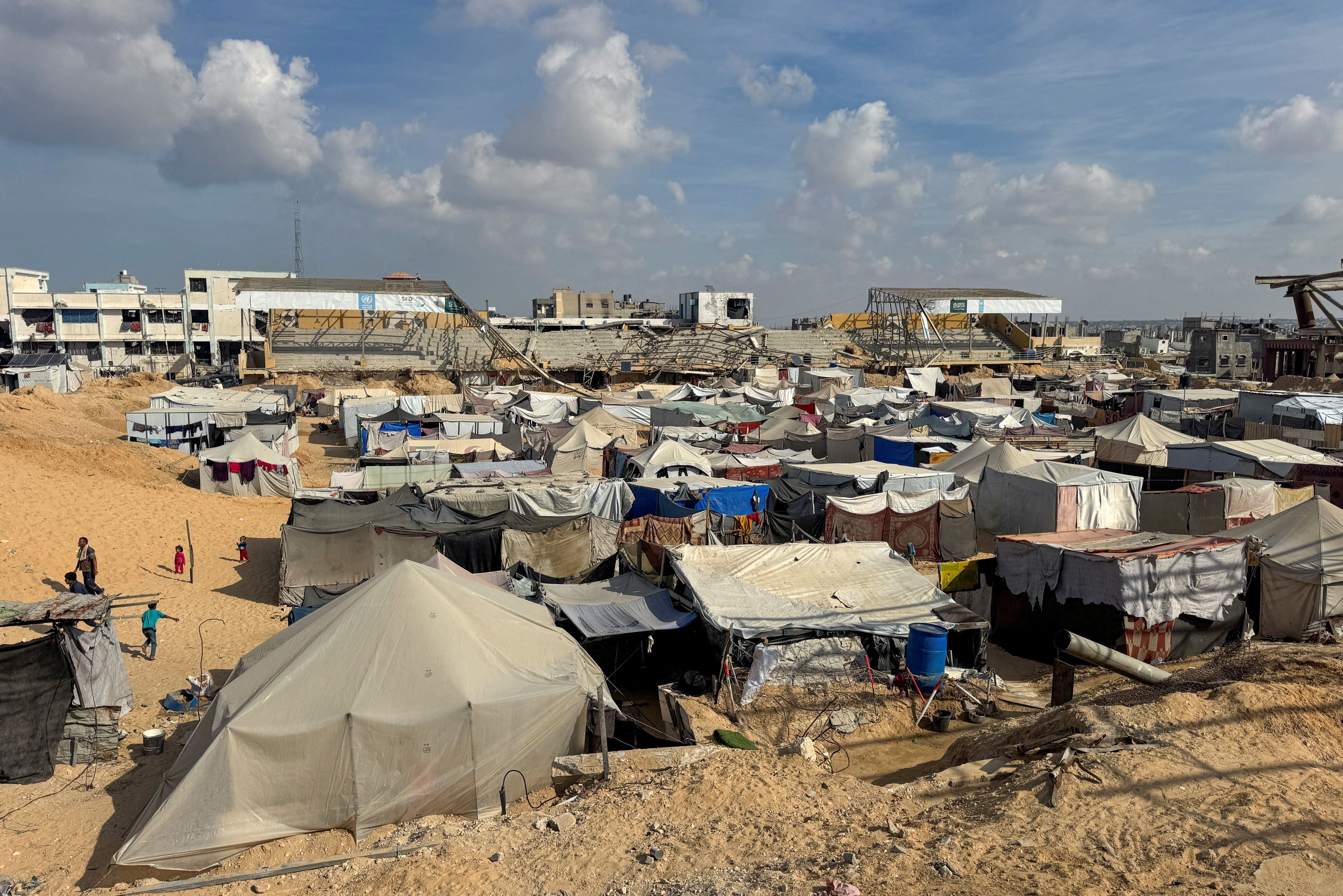 Displaced Palestinians shelter in a tent camp amid the ongoing conflict with Israel, in Khan Younis, southern Gaza Strip