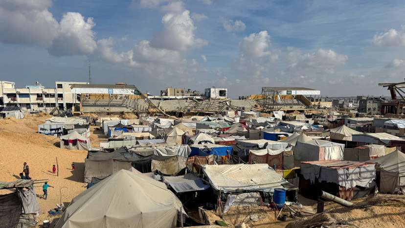 Displaced Palestinians shelter in a tent camp amid the ongoing conflict with Israel, in Khan Younis, southern Gaza Strip