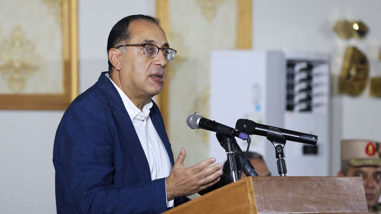 Egyptian Prime Minister Mostafa Madbouly attends a press conference, in the city of Al-Arish