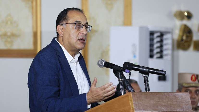 Egyptian Prime Minister Mostafa Madbouly attends a press conference, in the city of Al-Arish