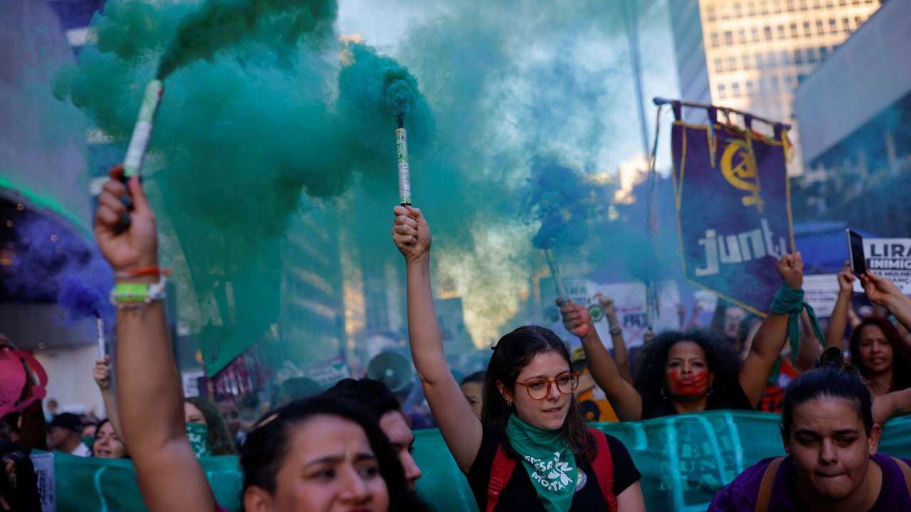 Protest against a bill that would equate abortion carried out after 22 weeks of pregnancy with the crime of murder, in Sao Paulo