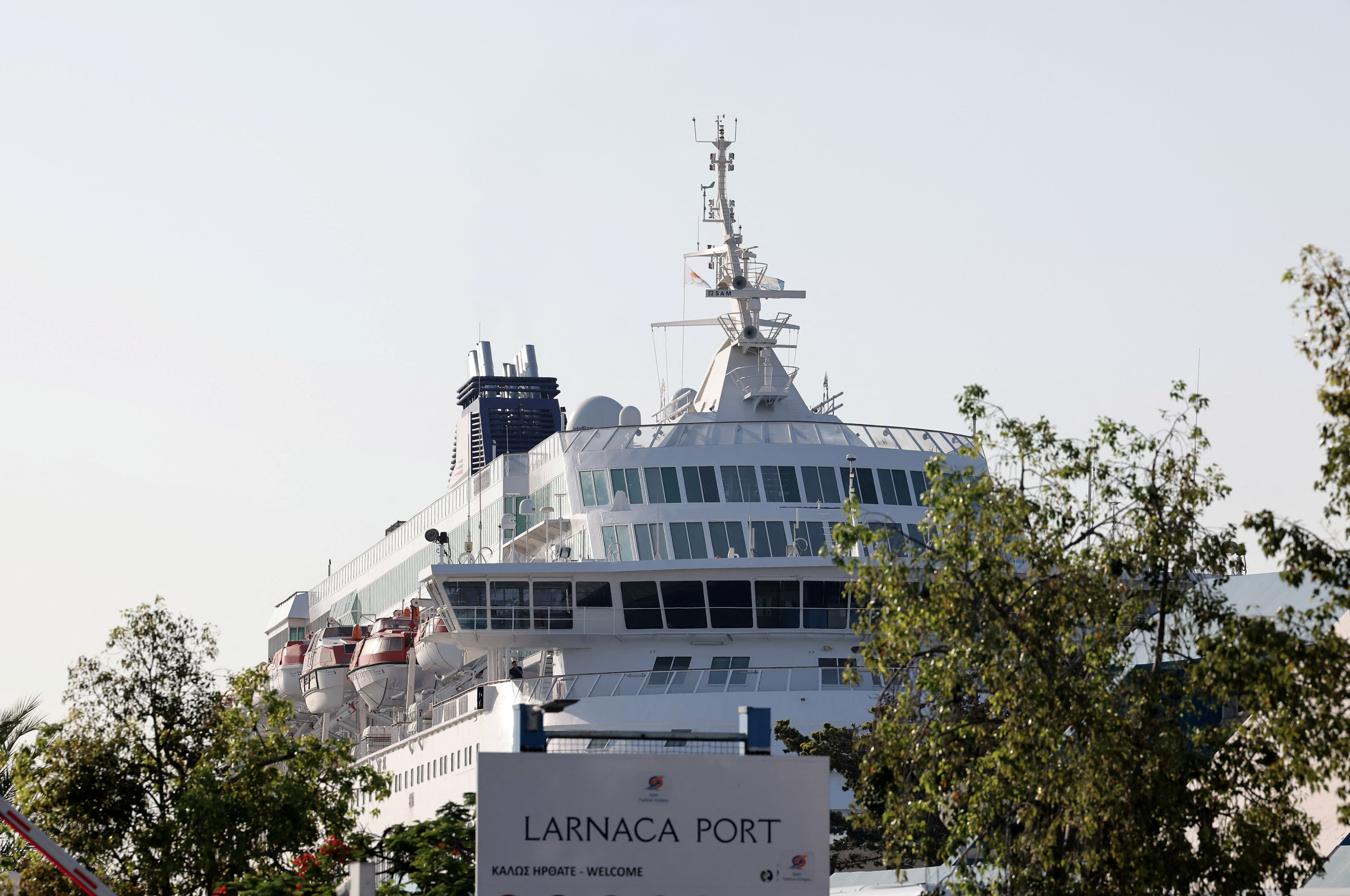 A view of the Crown Iris, a vessel which will be used to assist in the departure of Israelis from Cyprus, at the port of Larnaca