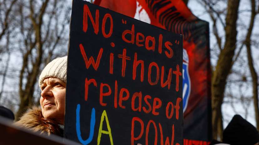 Relatives of Ukrainian POWs hold a rally outside the U.S. embassy in Kyiv