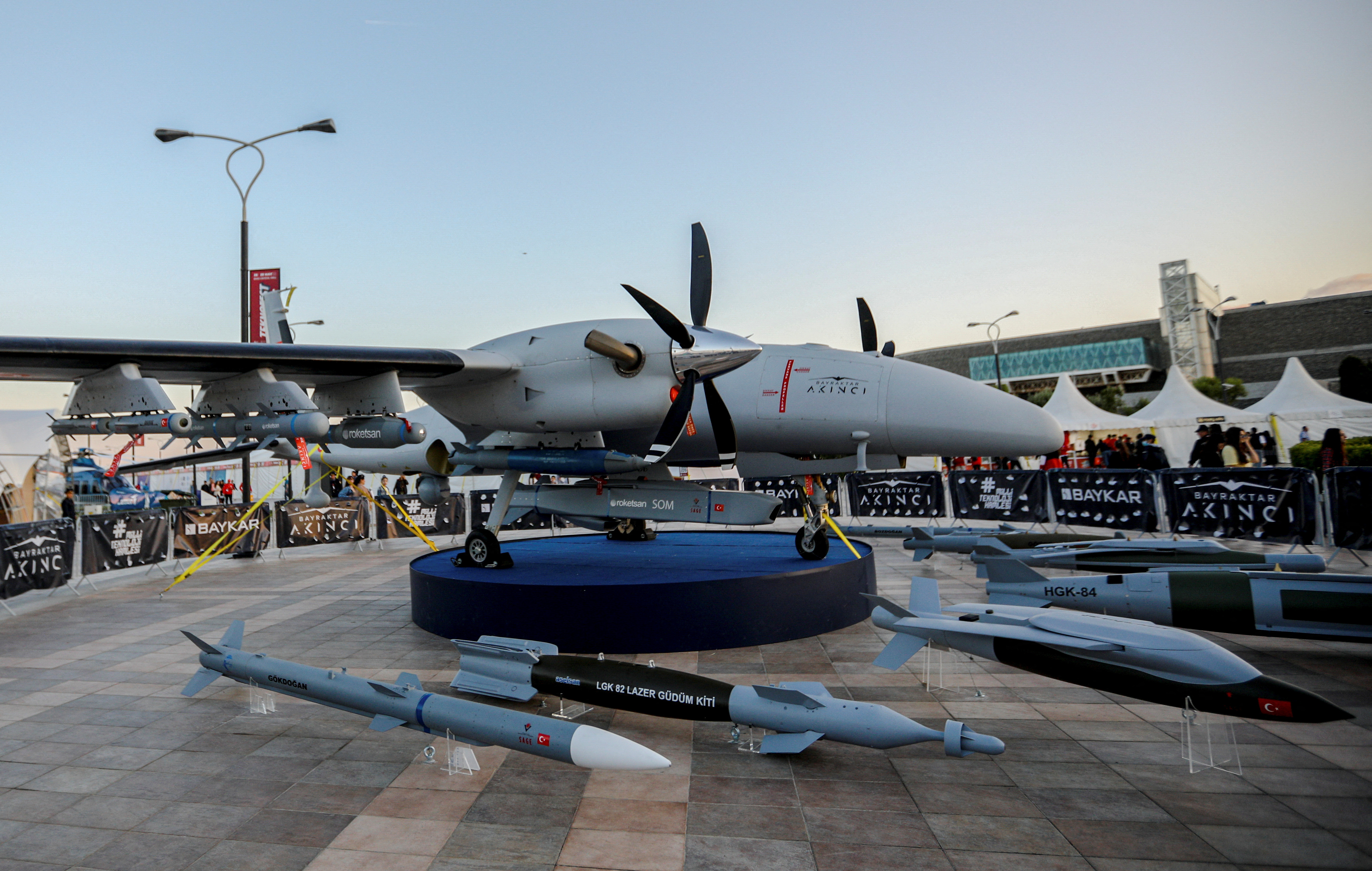 FILE PHOTO: A Bayraktar Akinci drone is exhibited at an aerospace and technology festival in Baku
